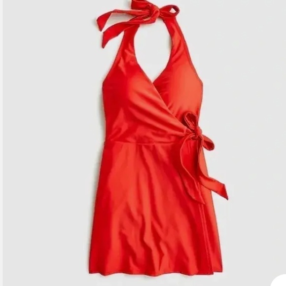 J. Crew Bright Red Halter Wrap Swimsuit/Swimdress Size 6 Preppy Resortwear - Picture 2 of 13